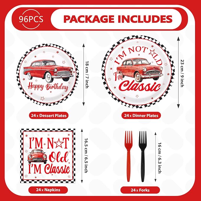 96Pcs Classic Car Birthday Party Decorations I am Not Old I am Classic Birthday Plates and Napkins Sets Vintage Red Car and Star Decorations for Men Vintage Cars Father's Day Party Supplies Serves 24