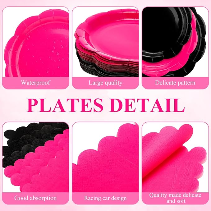 Pickmesh 400 Pcs Hot Pink and Black Birthday Party Supplies Include Hot Pink Disposable Paper Plates Napkins Cups Cutlery for Women Black Bridal Shower Bachelorette Party Decorations Serve 50