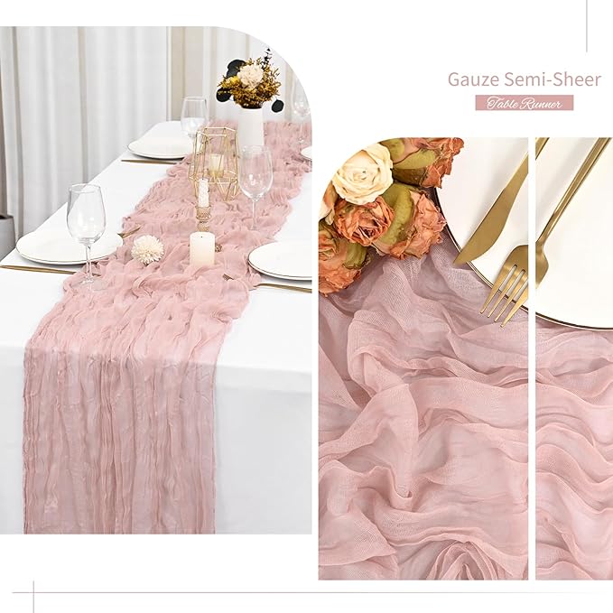 Showgeous 6 Pack Dusty Pink Cheesecloth Table Runner Gauze Table Runner 10FT Long Semi-Sheer Table Runner Boho or Rustic Wedding Table Decor for Wedding Decor Arch Draping Bridal Shower Holiday Party