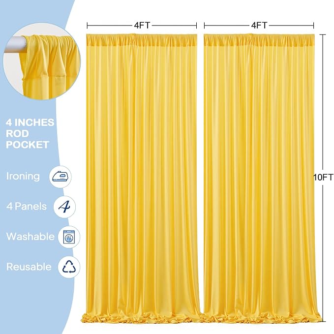 4 Panels Yellow Backdrop Curtains - Wrinkle Free Fabric Backdrop Curtain for Photoshoot, 10FT Wedding Party Photo Backdrop Drapes for Birthday Baby Shower Photography Stage Background Decorations