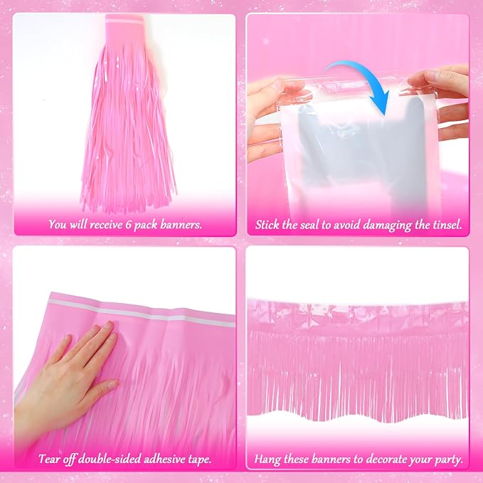LOLStar Macaron Pink Foil Fringe Tinsel Garland Streamers Banner, 6 Pack | 60Ft Tinsel Streamers, Macaron Pink Tinsel Fringe Banners for Wedding, Gender Reveal, Bachelorette, Birthday Party Decor