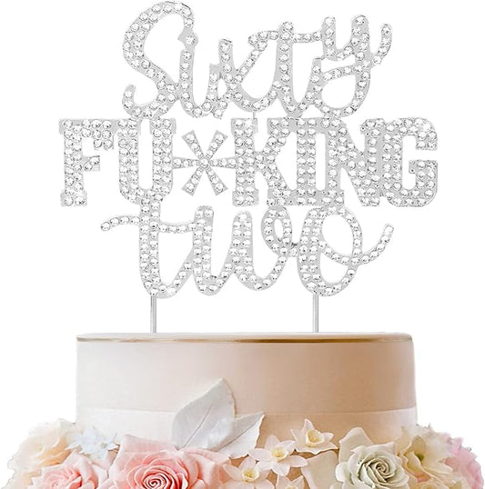 LINGTEER Happy 62nd Birthday Funny Silver Rhinestone Cake Topper - Cheers to 62 Years Old,Happy 62nd Birthday Party Cake Centerpieces Topper Decorations.