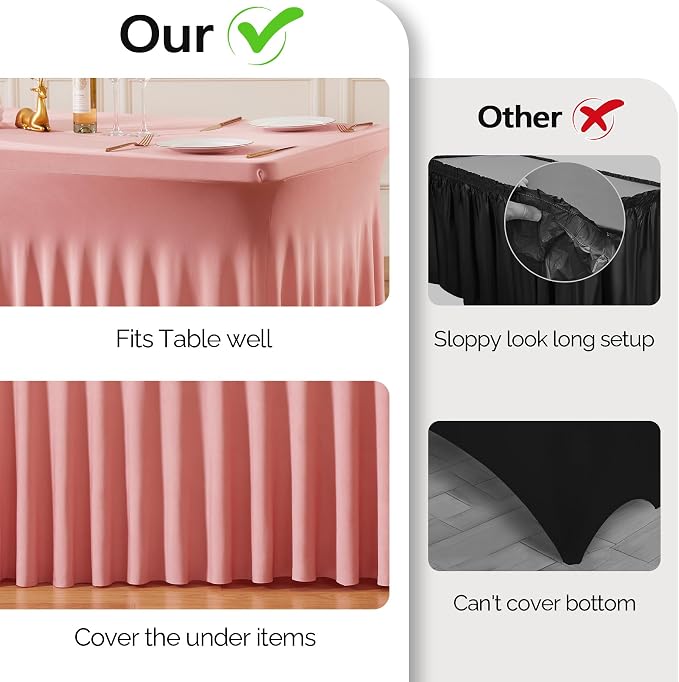 Wish Care 2 Pack Dusty Rose Spandex Table Clothes for 4 Foot Rectangle Tables, 4FT Wrinkle Free Fitted Tablecloths Ruffles Design Table Cloth for Party, Banquet, Wedding and Events