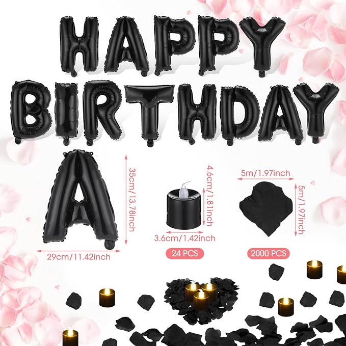 Black Happy Birthday Balloons Decorations Happy Birthday Letter Balloons Banner Set with 24pcs Round Flameless LED Candles and 2000pcs Artificial Rose Petals for Women Men Room Party Decor