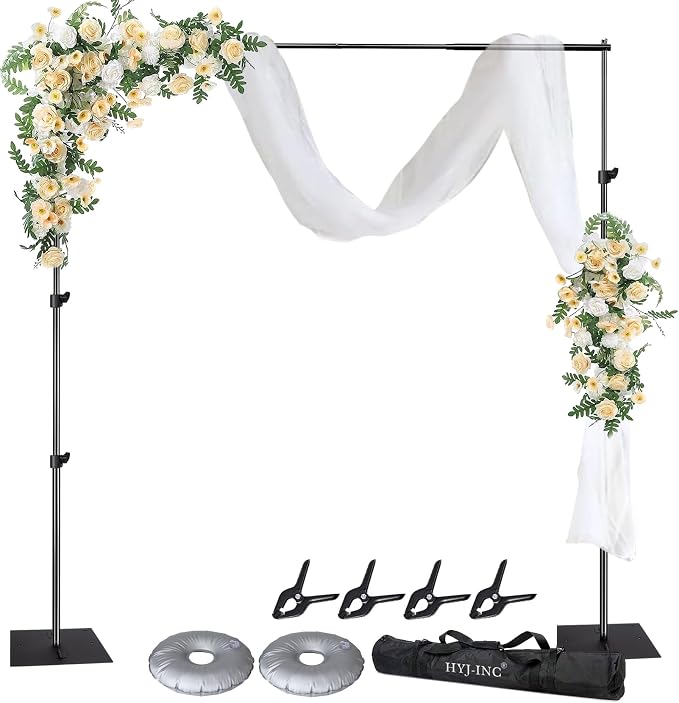 HYJ-INC Pipe and Drape Photography Backdrop Stand Kit Adjustable Photo Background Stand 10ft x 8.5ft with Metal Base for Parties Weddings Birthday Party Events Photo booth With 4 Clamps,Carrying Bag.