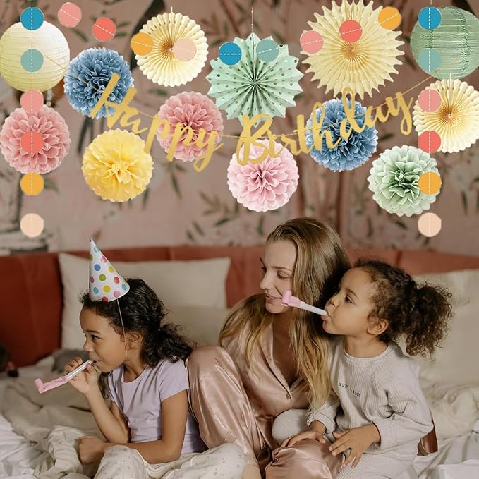 Pastel Birthday Decorations Retro Boho Rainbow Party Decor with Happy Birthday Banner Sage Green Dusty Pink Blue Yellow Cream Paper Pom Poms Paper Lanterns for Women Girls Boys