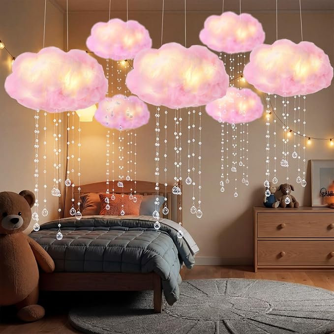 Marsui Artificial Cloud Props LED Hanging Pink Light String Fake Imitation 3D Cotton Cloud Classroom School Decor Raindrop for Room Ceiling Baby Shower Party Wedding Nursery Wall DIY Decor(4 Pcs)