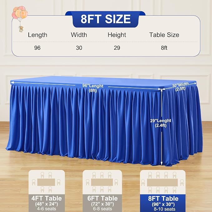 PARTISKY 6 Pack Royal Blue Tablecloths for Rectangle Tables 8ft, Wrinkle Resistant Spandex Table Cover Fitted Stretch Table Cloth with Pleated Ruffle Skirts for Party Banquet Dining Birthday Wedding