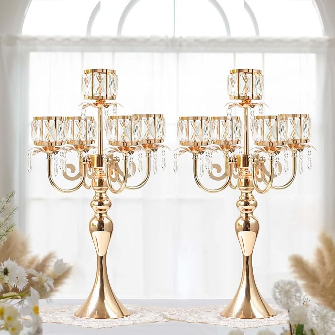 2Pcs Gold 5-Arm Crystal Pendant Metal Candle Holder with Square Crystal Bowl, 22-Inch Tall Wedding Table Centerpiece for Holiday Party Events, Christmas, Birthday Decorations