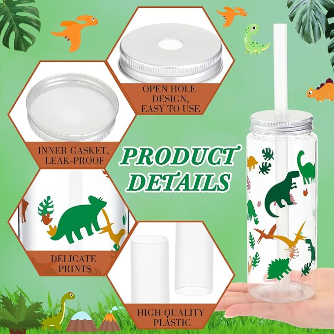 Skylety 12 Set 14 oz Dinosaur Themed Plastic Cup with Straw and Lid Cute Disposable Cups Bulk Dino Party Favors Drinking Mason Jars Tumbler for Birthday Supplies Juice Beverage Smoothie(Green Yellow)