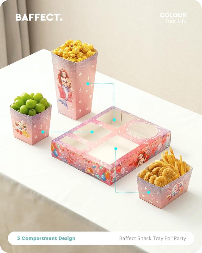 Baffect Movie Night Snack Trays 120 PCS, Include 20 Mermaid Party Snack Trays, 20 Popcorn Boxes, 20 Salad Bowls, 20 Nacho Bowls, 20 Invitations & 20 Party Favors (Pink)