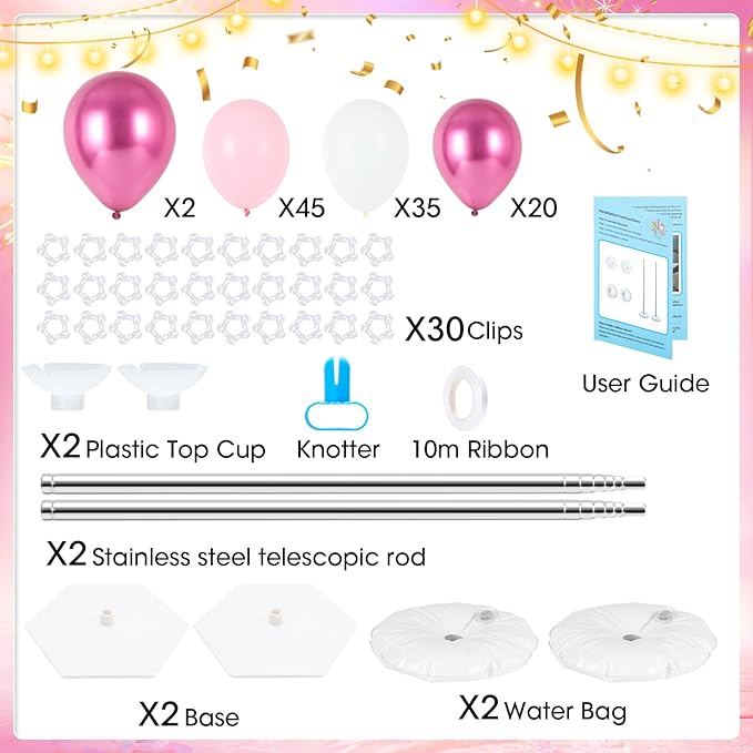 Balloon Column Stand with 101 Balloons, Balloon Column Kit Set of 2, Metal Balloon Tower Stand with Base for Floor, Height Adjustable from 1.57 to 7 Ft, For Party Decorations
