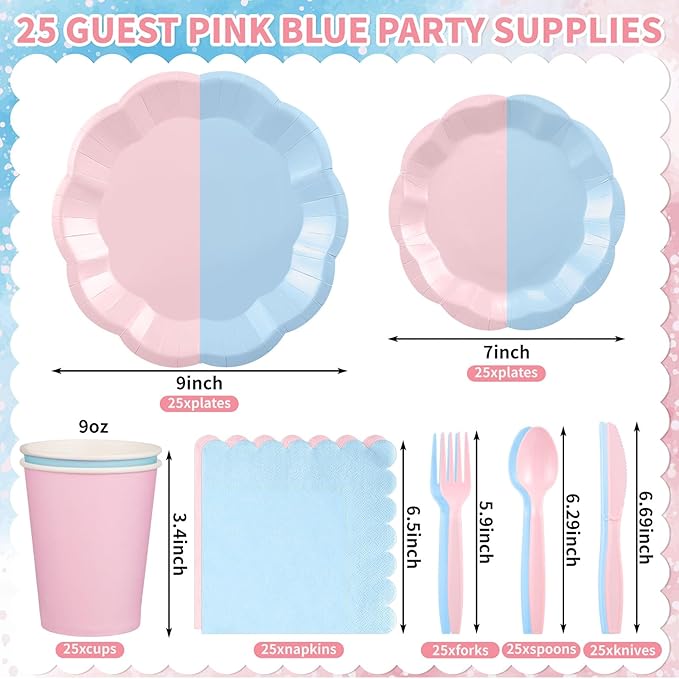 175 Pcs Baby Gender Reveal Plates and Napkins Set, 25 Guest Boy or Girl Gender Reveal Party Supplies Include Light Pink and Light Blue Plates Napkin Cup Plastic Spoon Fork Knive for Baby Shower