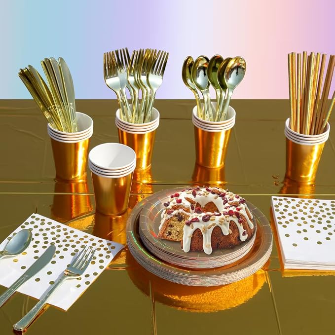 201-piece disposable party tableware set with paper plates, cups, napkins, straws, tablecloths, plastic knives, forks and spoons for a variety of party occasions for up to 25 people (Golden Rainbow)