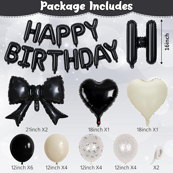 Black White Bow Birthday Decorations Black Sand White Cream Pearl Polka Dot Bows Print Balloon Happy Birthday Banner 38 In Coquette Foil Balloons Heart Balloon for Women Men Bday Party Supplies