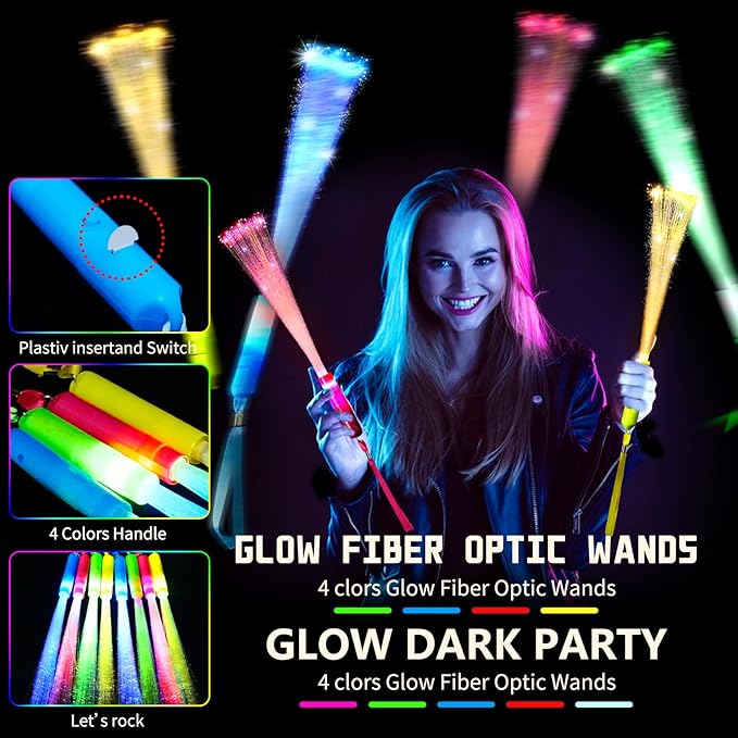 Glow Fiber Optic Wands,Glow Sticks Bulk Party Pack,Glow in the dark Party Supplies Favor Kids Flashing Light Up Toys Stick for Concert Hawaii Birthday Holiday Graduation Wedding Party World Cup 2026