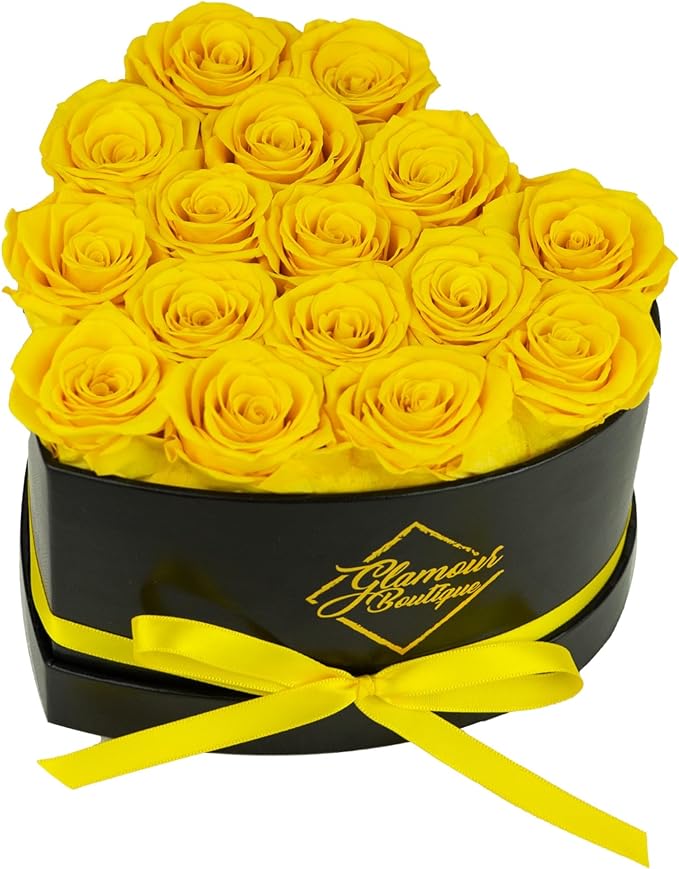 GLAMOUR BOUTIQUE 16 Flower Forever Heart Shape Box, Mothers Day Gift For Mom, Eternal Preserved Roses Gift for Her, Flowers bouquet, For Birthday, Anniversary, Girlfriend - Yellow (Color-Treated)