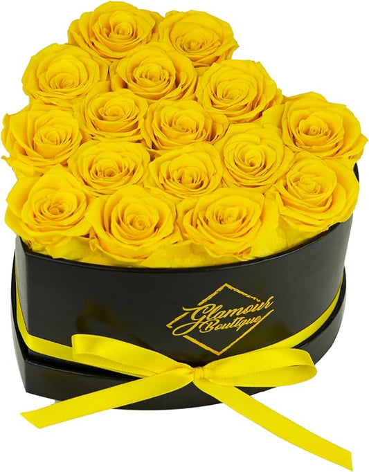 GLAMOUR BOUTIQUE 16 Flower Forever Heart Shape Box, Mothers Day Gift For Mom, Eternal Preserved Roses Gift for Her, Flowers bouquet, For Birthday, Anniversary, Girlfriend - Yellow (Color-Treated)