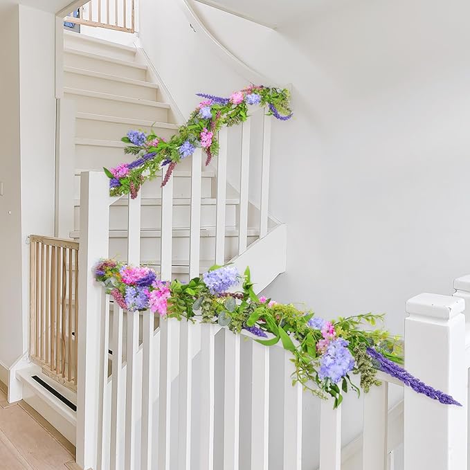 Giegxin 1 Pcs 6 ft Artificial Flower Garland with Lilac and Lavender Purple Pink Flower Fake Wisteria Vines Summer Greenery Eucalyptus Garland for Wedding Mantle Porch Stair Table Indoor Decor