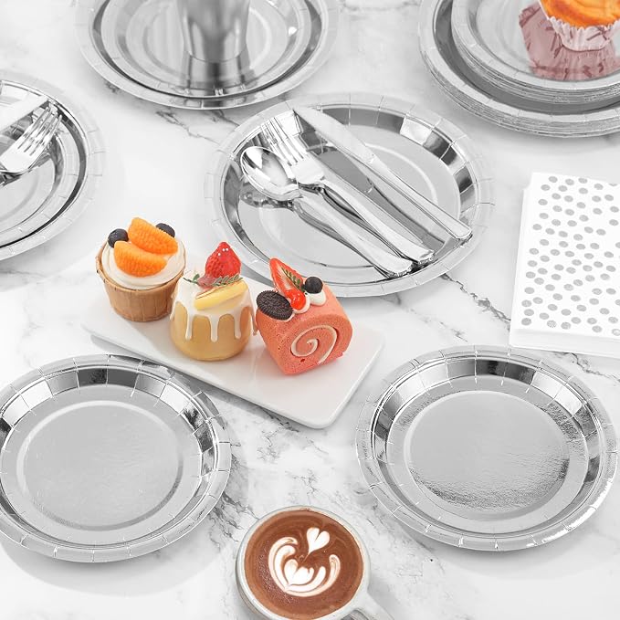 Silver Paper Plates and Napkins Party Supplies,350pcs Silver Plates Disposable Dinnerware Set for Anniversary Graduation Holiday Disco Birthday Party Decorations Serves 50