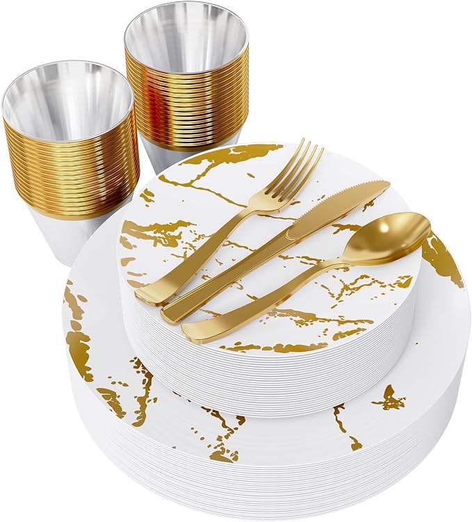 JOLLY PARTY 180PCS Disposable Dinnerware Set 30 Guest, 60 White and Gold Plastic Plates, 30 Plastic Silverware, 30 Cups, Marble Design Disposable Dinnerware for Wedding, Thanksgiving and Parties