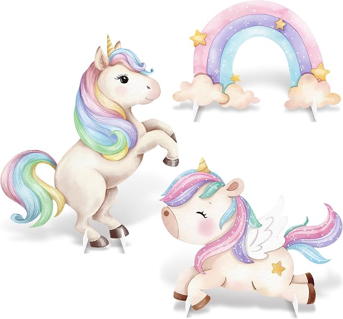 3Pcs Unicorn Birthday Decorations, Large Rainbow Unicorn Cardboard Cutout Standup, Girls Baby Shower Party Signs for Photo Booth Props Backdrops Indoor Outdoor Cartoon Party Supplies