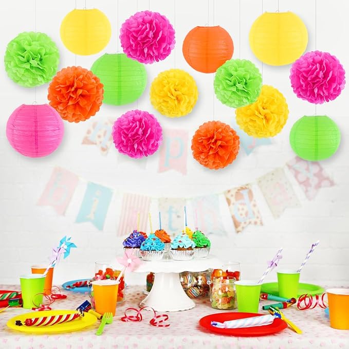 zilue Glow in the Dark Party Supplies, Paper Lanterns and Pom Poms Flowers for Birthday Party Baby Shower Wedding Shower Decor Pack of 15 Pieces