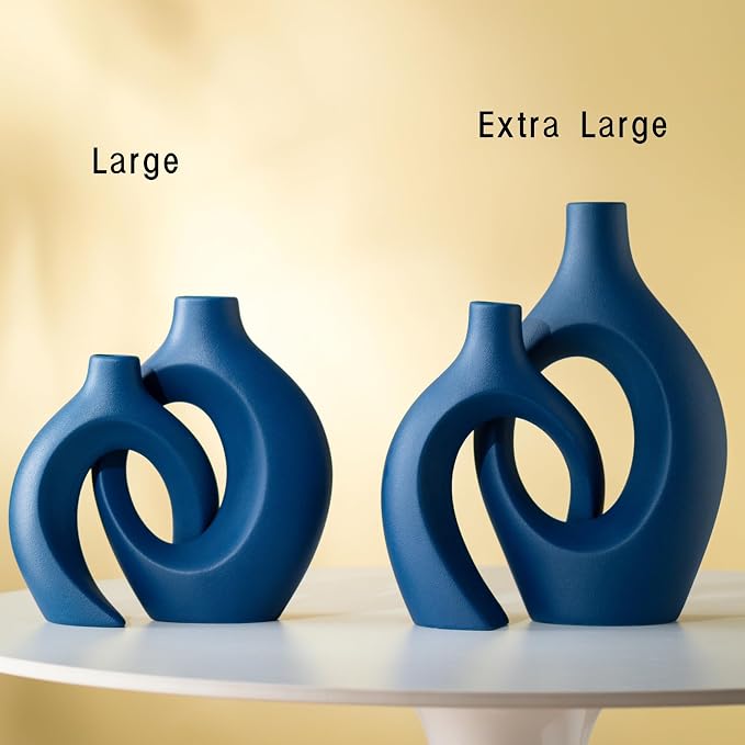 Lvases Snuggle Hollow Ceramic Vase Set of 2, 11 Inch Navy Blue | Nordic Boho Decor Home Flower Vases, Perfect for Living Room Coffee Table, Bookshelf Mantle & Entryway Pampas Grass Display