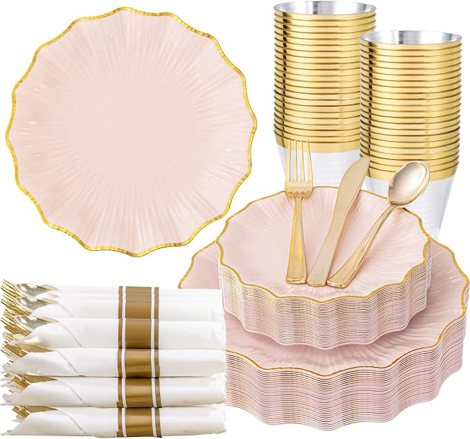 U-QE 175PCS Pink Gold Plastic Plates - Disposable Dinnerware Set for 50 Guests - Pink and Gold Plates and Napkins Party Supplies include 50 Plates, 25 Per Rolled Napkins with Gold Cutlery, 25 Cups