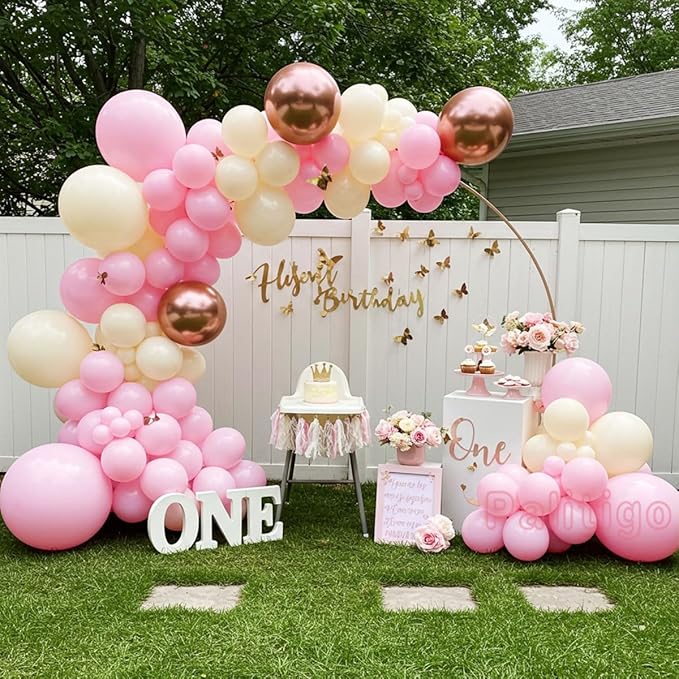 Pink Ivory Rose Gold Balloon Arch Kit – Double Stuffed Light Pink Cream White Balloons with Gold Butterflies for Baby Shower, Bridal, Birthday, Princess, Engagement, Garden Party Decorations
