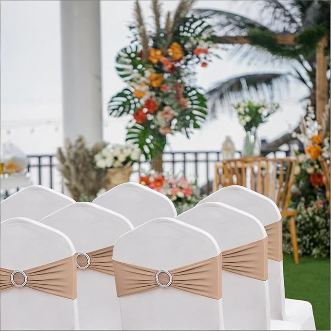 Wedding Nude Chair Sashes 100 Pack Stretch Spandex Chair Bows Bands with Buckles for Party Banquet Birthday Decorations (Nude)