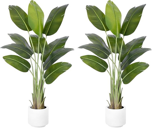 Artificial Bird of Paradise Plant 5Ft Tall Fake Tropical Palm Tree Large Fake Plants with 10 Silk Banana Leaves Faux Plant Indoor Decor Trees with White Pot for Home Bedroom Living Room Office（2pcs）