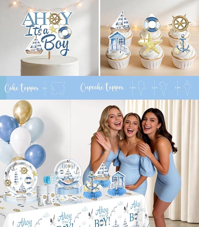 Xynic 205Pcs Ahoy Its a Boy Baby Shower Decorations Set - Serves 25 - All-in-One Nautical Party Decorations Kit with Balloons, Banner, Cake Topper, 350gsm Plates, Tablecloths, Backdrop