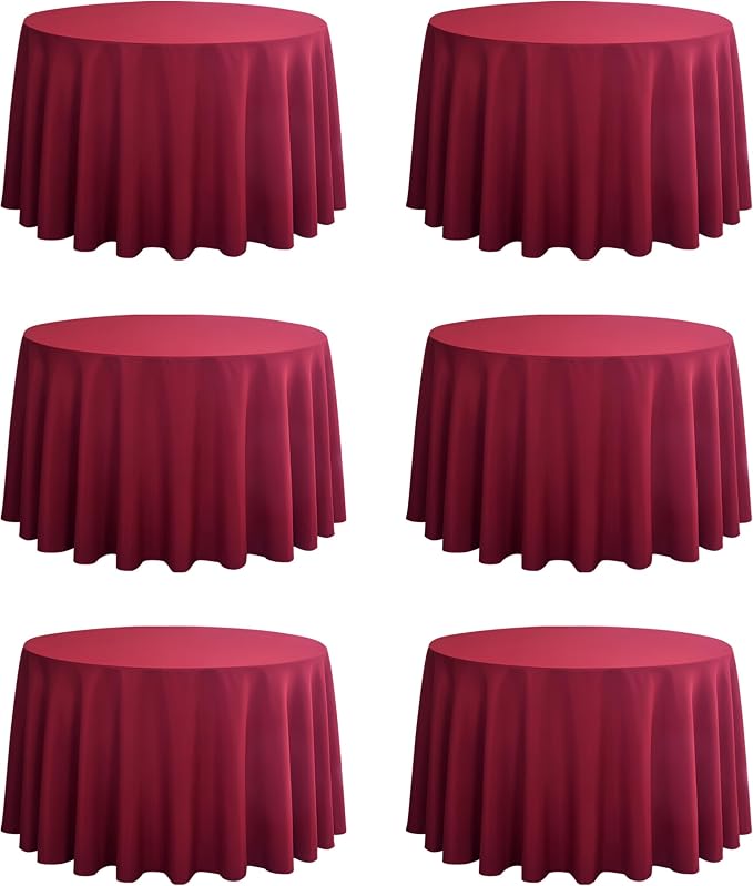 6-Pack Round 120-inch Burgundy Table Cloths, Solid Stain and Wrinkle Resistant Circular Tablecloth, Premium Plain Weave Polyester Fabric Table Linen Covers for Hotel, Banquet