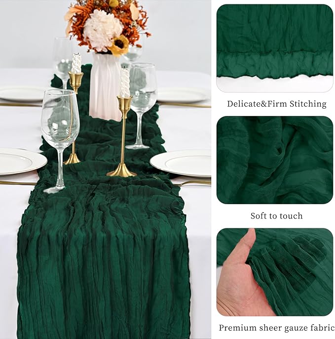 30 Pack Emerald Green Table Runner 10Ft Cheesecloth Table Runner Long Boho Cheese Cloth Table Runners Romantic Sheer Fabric Gauze Table Runners for Wedding Party Bridal Shower