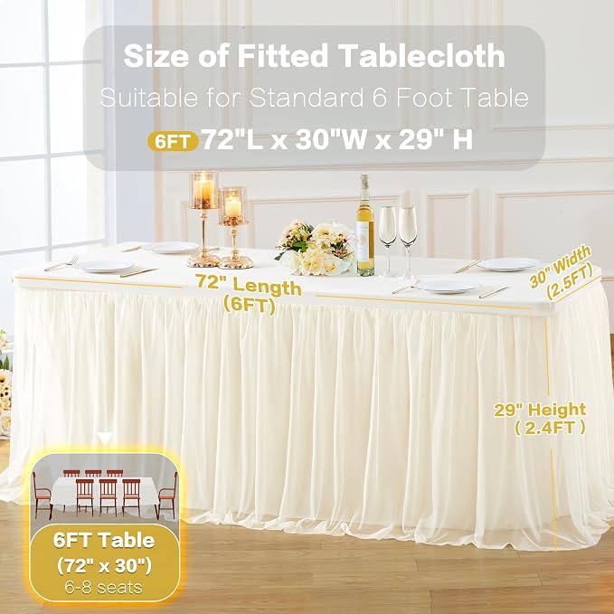 Champagne Table Cloth for 6 Foot Rectangle Tables, Stretch Fitted Tulle Table Covers Skirt, Rectangular Ruffle Tutu Tablecloth Wedding Banquet Baby Shower Cake Tablecloths Decorations