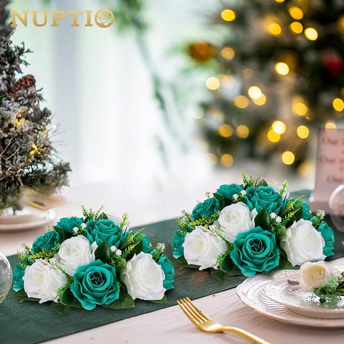 NUPTIO Flower Ball Centrepieces for Tables - Teal & White Artificial Flowers Rose for Centerpieces - Fake Rose Arrangements for Wedding Birthday Party St Patricks Day Decor 2 Pcs