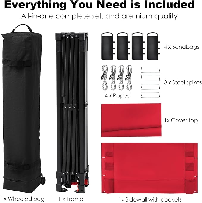 GAFETE 10×10 Pop Up Canopy Tent with 1 Pockets Sidewall, Easy up Sun Shade with One Push Setup, Portable Instant Outdoor Canopy Tent for Events Parties Camping with Carrying Bag (Red, 10x10 FT)