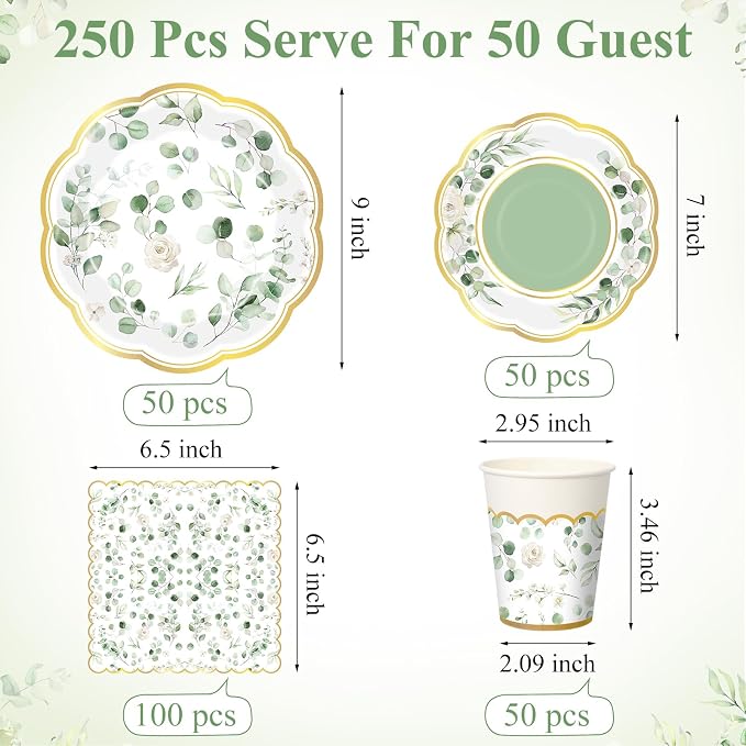 Funnymoom 250 Pcs Sage Green Color Party Decorations Eucalyptus Greenery Plates Cups and Napkins Paper Baby Shower Bridal Shower Party Tableware Set for Wedding Birthday Jungle Decorations, Serves 50