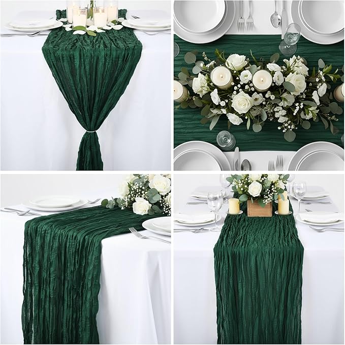LemonRoad 4 Pcs 20ft Cheesecloth Table Runners Extra Long Boho Rustic Gauze Fabric Cheese Cloth Runner for Wedding Decorations Baby Shower Party Supplies Boho Table Bridal Shower Decor (Emerald Green)