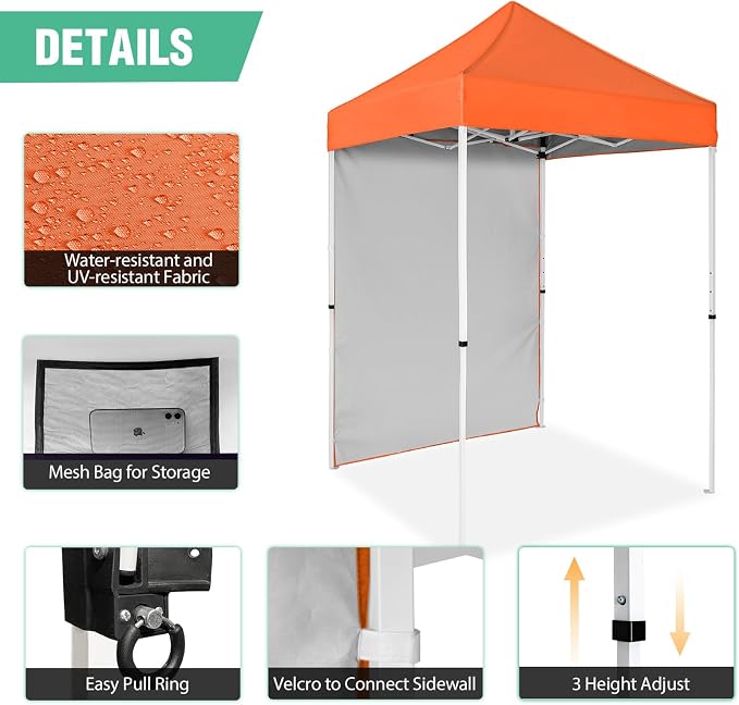 5x5 Pop Up Canopy Tent with One Sidewall, Instant Portable Beach Canopy, Outdoor Tent with Carry Bag for Camping, Sports, Tailgating, Events, Orange