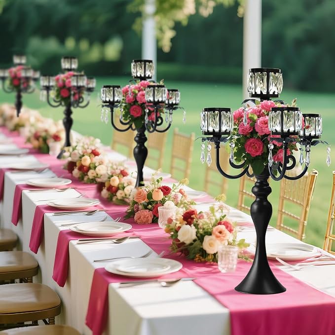 5 Arm Elegant Crystal Candle Holder,Candlestick for Wedding Table Centerpiece, 22 Inch Tall Candle Holder Table Candelabra Event Party Table Centerpiece,Home Decoration. (4, Black, Square Crystal)