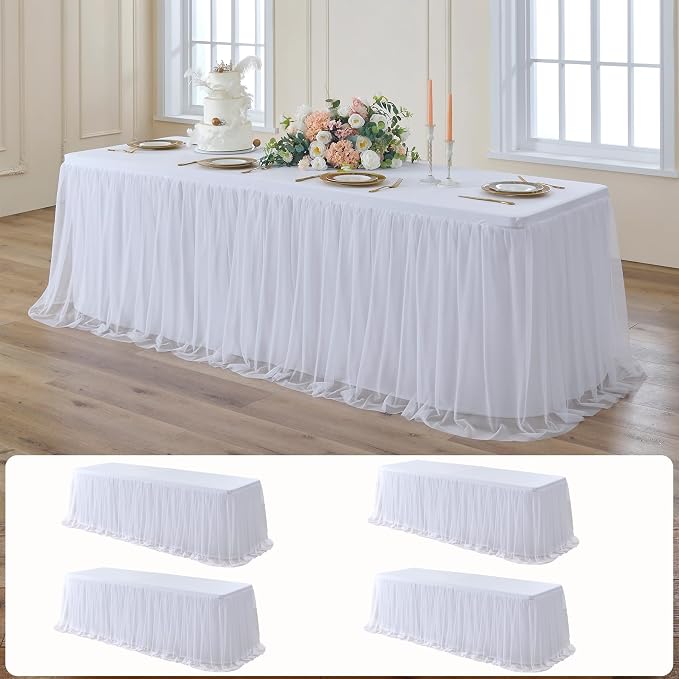 leegleri 4 pk 8ft White Tulle Tablecloth for Rectangle Tables, 2-in-1 Table Covers with Tulle Skirt,Wrinkle Free Stretchy Ruffle Tulle Table Cloths Fitted for Wedding Party Banquet Vendor