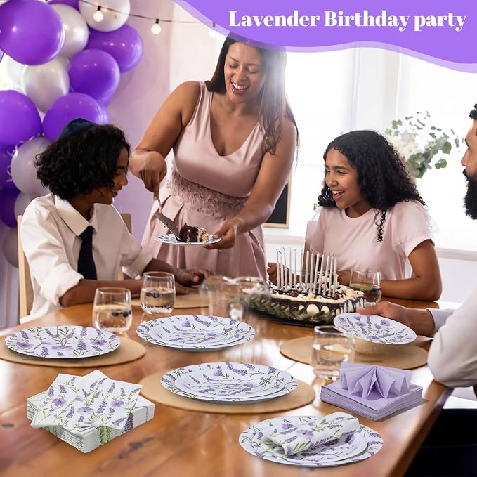 Funnymoom 200 Pcs Lavender Floral Party Supplies Kit Purple Disposable Paper Dinner Dessert Plates Luncheon Napkins Beverage Napkins for Spring Summer Birthday Wedding Tea Party Decoration 50 Guests