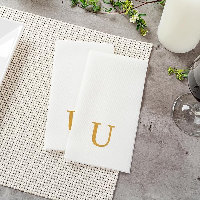 Luxenap 15.8 X 7.9 Inch Linen-Feel Guest Towels, 2000 Lettered Hand Towels - Gold Letter 'U', Sans Serif Font, White Paper Dinner Napkins, airlaid, For Restrooms And Tables