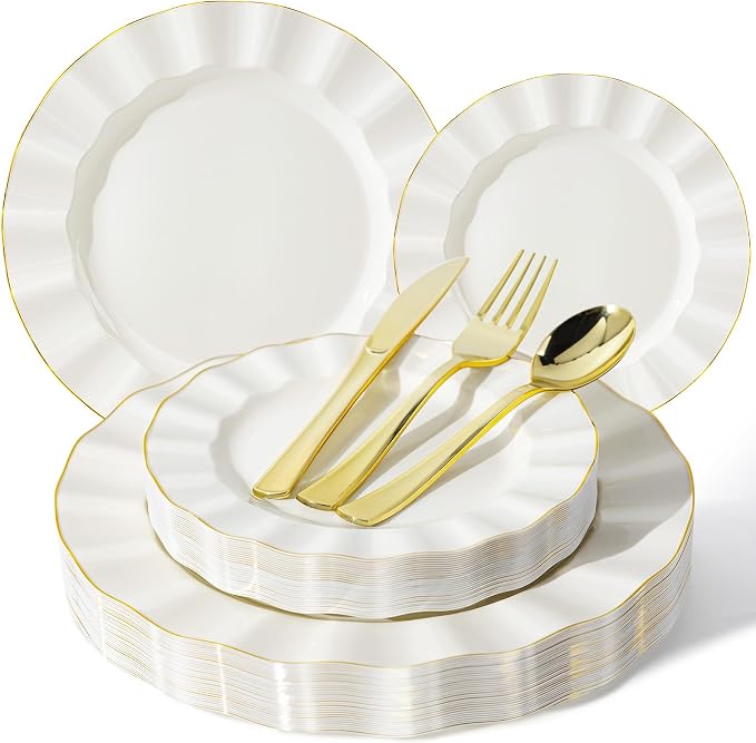 125PCS Ivory Plastic Plates Sets with Gold Rim, Gold Dinnerware Set for 25 Guests, 50 Disposable Dinner and Dessert Plates, 75 Silverwares for Party and Wedding