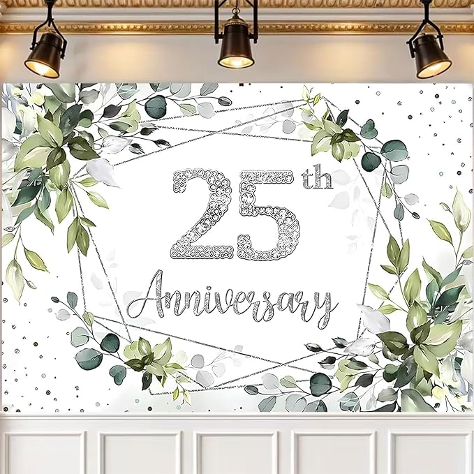Silver Wedding 25th Anniversary Decorations Backdrop Watercolor Eucalyptus Leaves Sparkling Diamond 25th Background Couple Wedding Engagement Banner (A, 6X4FT)