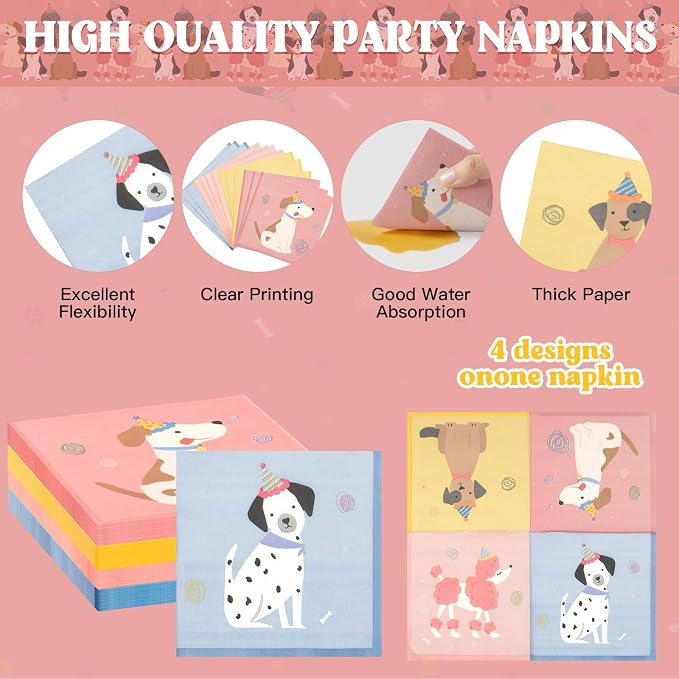 182Pcs Pet Dog Birthday Party Decorations,Retro Puppy Themed Paper Plates Napkins Disposable Pet Dog Tableware Supplies,for Baby Shower Kids Birthday Party Favor,Serve 30 Guests