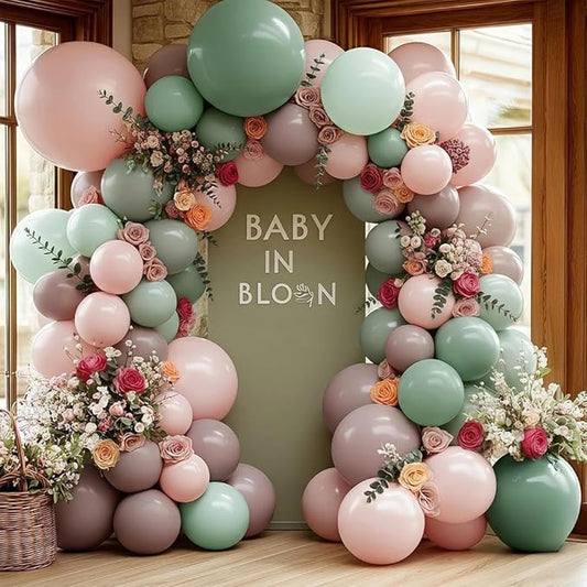 Pink Green Balloon Arch with Artificial Flowers Double Stuffed Dusty Light Pink Sage Green Balloon Garland Kit Eucalyptus Leaves for Baby Bloom Birthday Bridal Shower Mother's Day Party Decorations