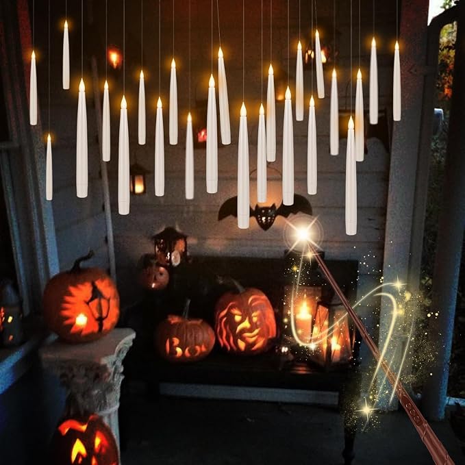 fclayvts 24PCS Floating Candles with Wand Remote,Magic Hanging Taper Candle with String,Flickering Battery Operated Taper Candle with Wand Remote for Halloween Decorations Best Gift（White）